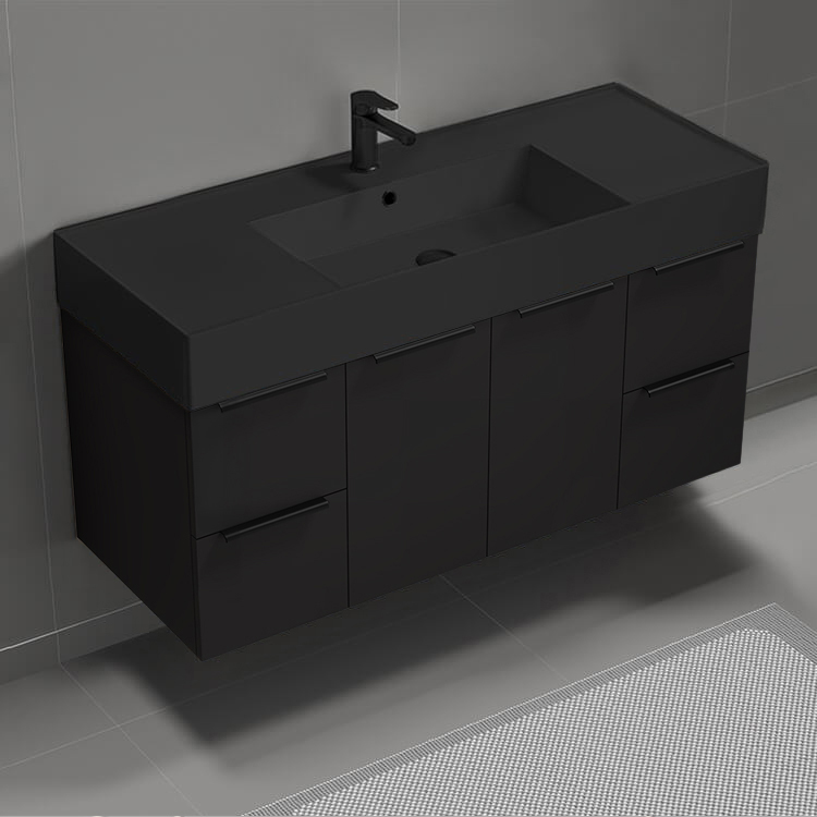 Nameeks DERIN1016 Modern Bathroom Vanity With Black Sink, Wall Mount, 48 Inch, Matte Black